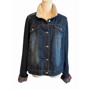 Vintage Y2K Denim Sherpa Trim Jacket Womens Small Plaid‎ Lined Reversible Cuff